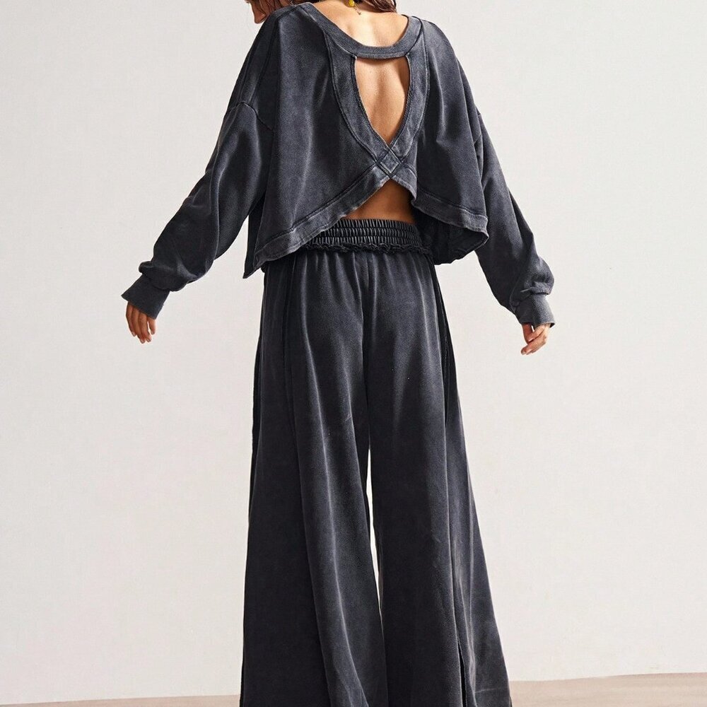 Black Casual Women's Washed Knit Long Sleeve Loose Backless Sweatshirt & Pants